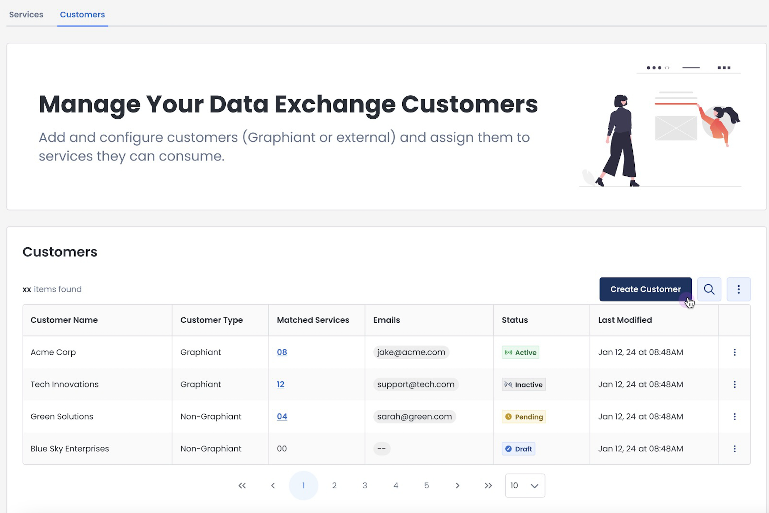 Manage data exchange customers with options to create and configure customer details.